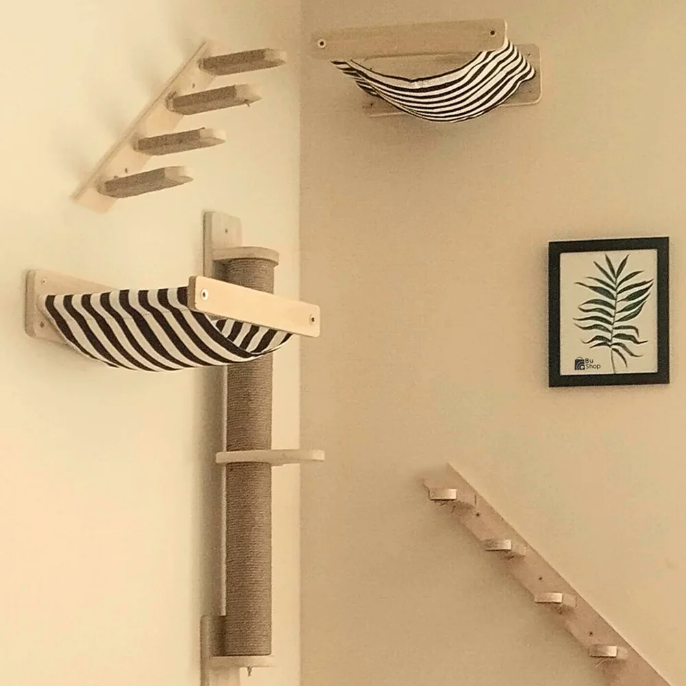 Estantes de actividades para gatos montados en la pared, muebles para gatos, percha de madera con cojín y plataformas de paso para entrenamiento y descansar y escalar gatos - imagen 2