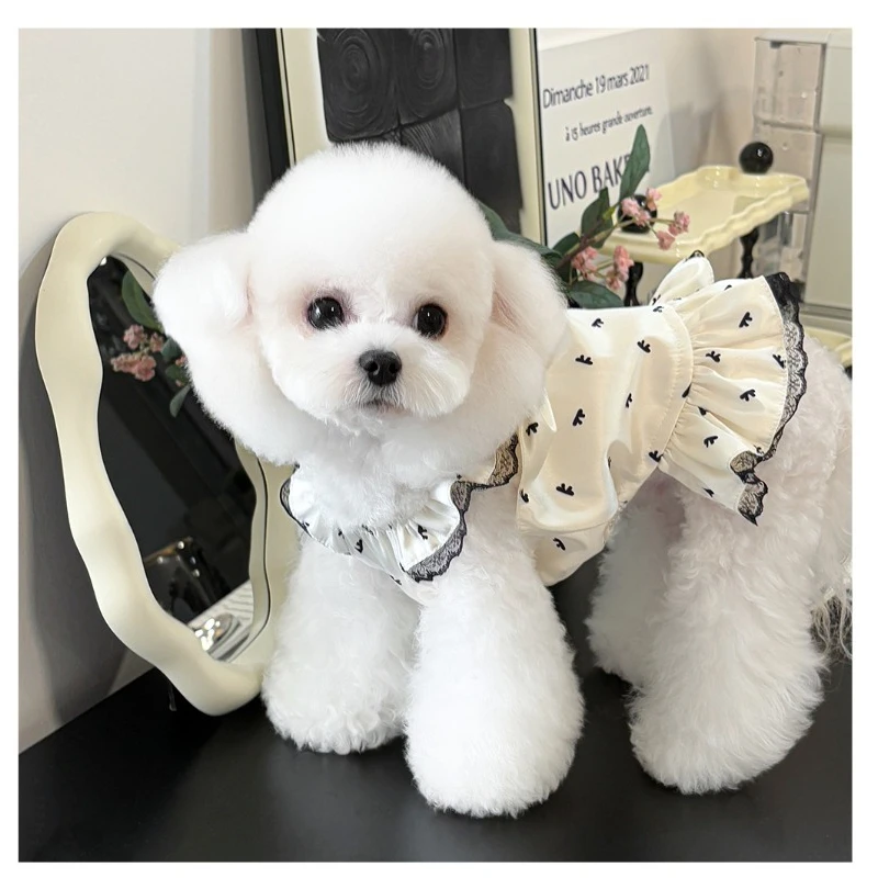 Bonitos vestidos de verano con lazo para mascotas, pijama suave de encaje para perros, mono, ropa de casa de seda, pijamas para perros pequeños, gatos, ropa para mascotas - imagen 3