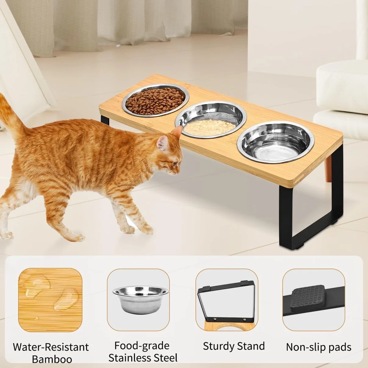 Juego de cuencos para gatos elevados - 3 cuencos de acero inoxidable con 10 °   Soporte de hierro inclinado Estación de alimentación y riego elevada para gatos - imagen 3