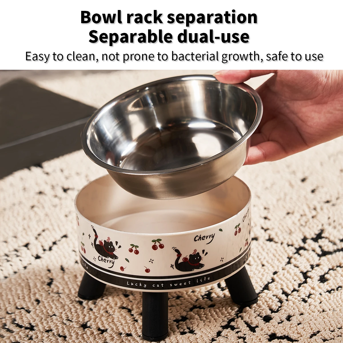 Un cuenco para mascotas de acero inoxidable estampado a la moda para alimentar y agua, cuenco para gatos de patas altas con protección para el cuello, alimentación de perros de dibujos animados - imagen 3