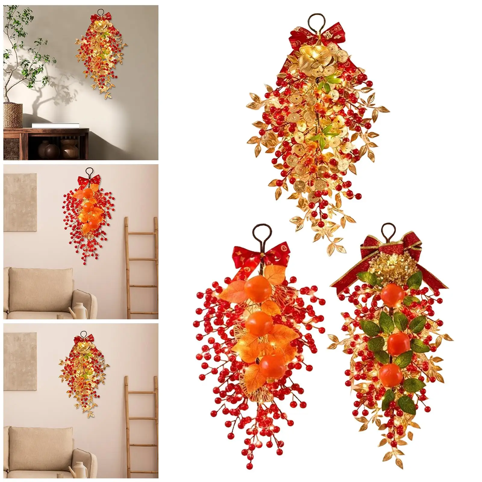 Corona de Año Nuevo Chino, decoración de puerta Artificial de PVC con luces LED, guirnalda de Festival de Primavera para entrada de fiesta en casa - imagen 5