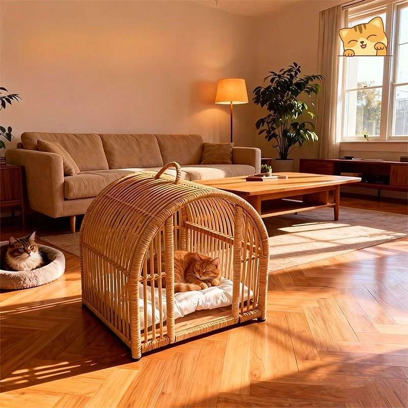 Cama semicerrada de ratán con cojín para gatos y perros pequeños - imagen 5