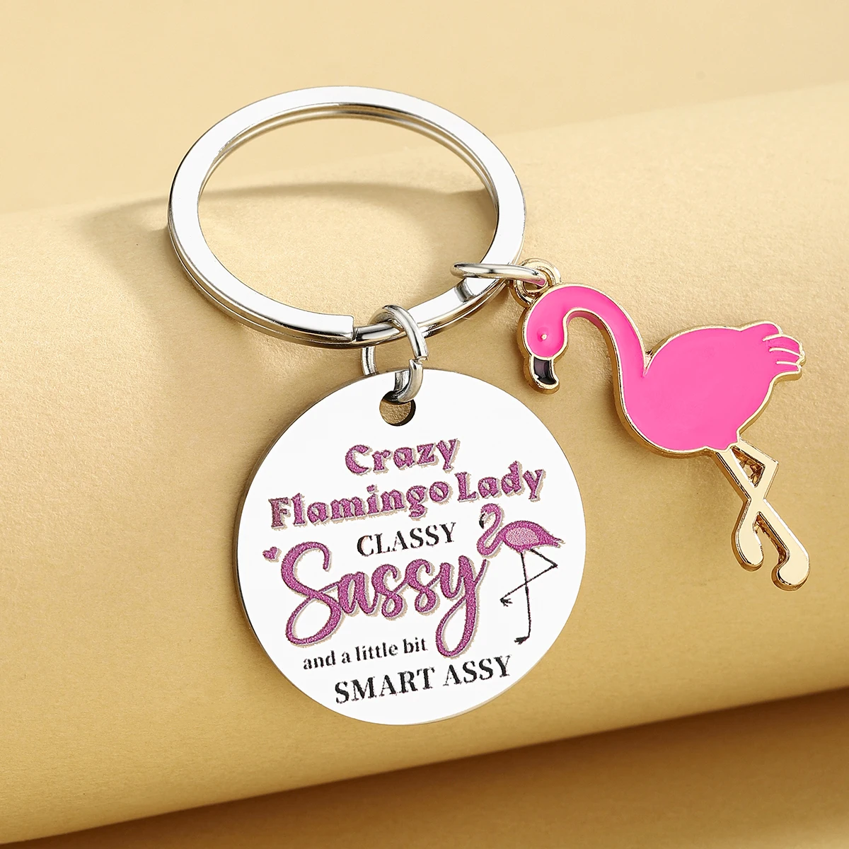 Llavero rosa con flamenco - regalo para amantes de gatos y perros - imagen 2
