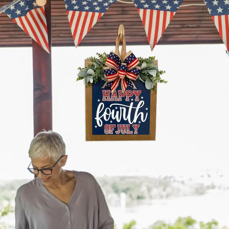 Colgador de puerta patriótico, señal de bienvenida para el día de la independencia, corona Artificial con lazo, rojo, blanco y azul - imagen 2