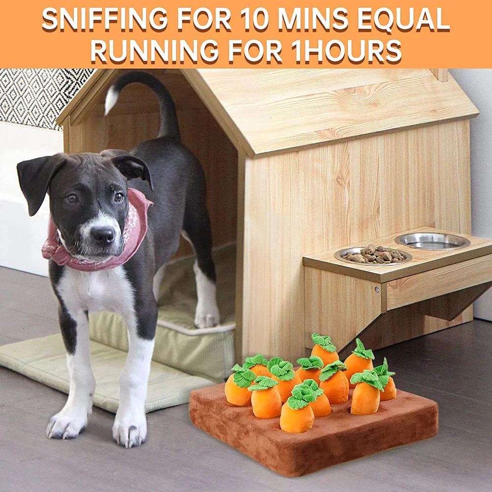 Estera de Snuffle de zanahoria de peluche para perros, juguete para masticar verduras para mascotas, innovador, ocultar comida, tirar de rábano, mejorar los hábitos alimenticios, juguetes interactivos - imagen 5