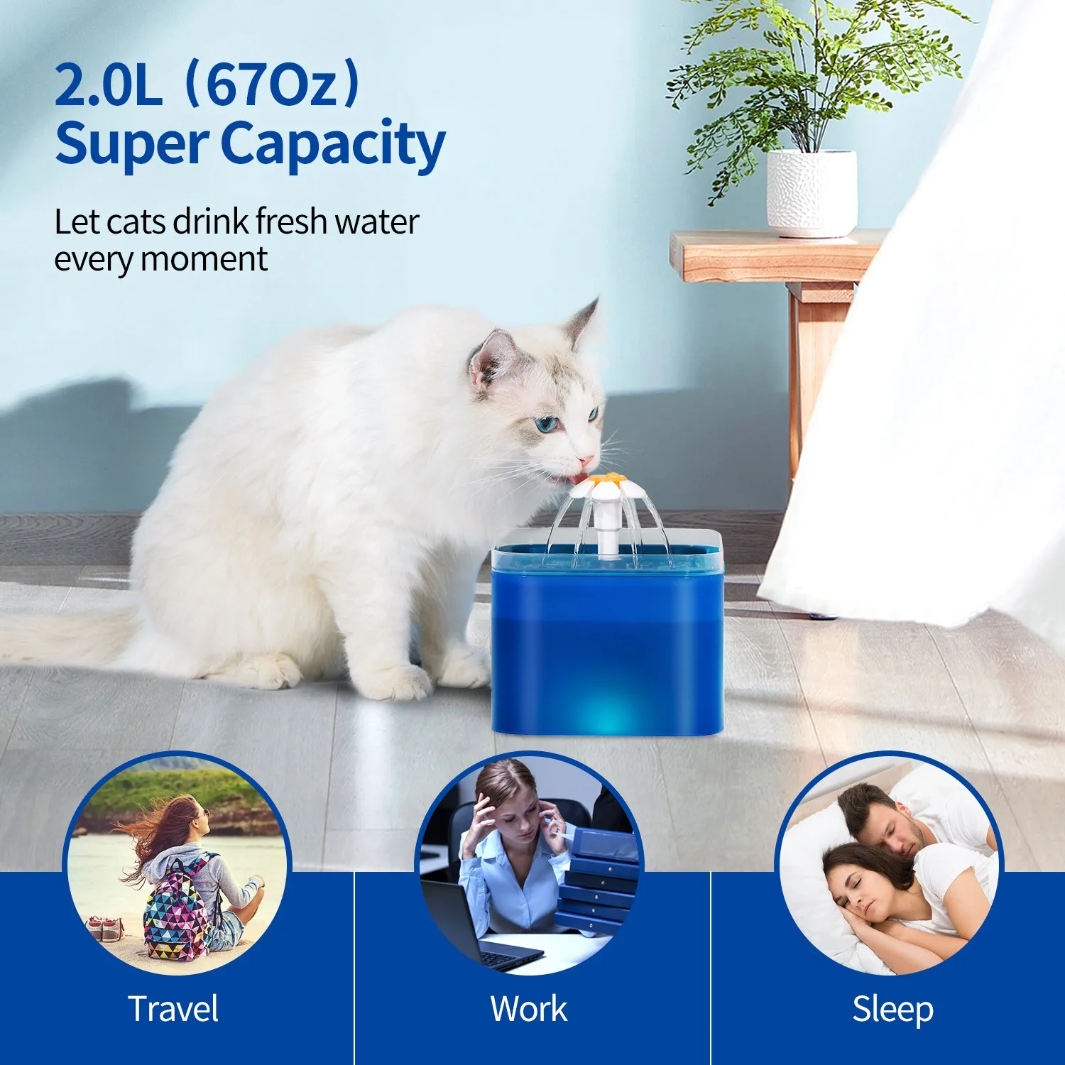 Fuente de agua automática para gatos de 2L con luz nocturna LED, bomba silenciosa alimentada por USB con filtro para gatos y perros pequeños - imagen 5