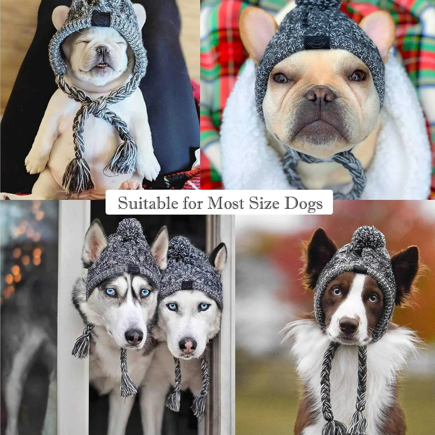 Gorro navideño para perros pequeños y medianos, gorro con pompón tejido cálido para invierno con Puffball, orificios para las orejas y accesorios para mascotas con borlas largas - imagen 3