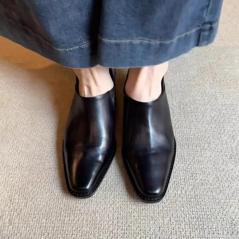 Mocasines elegantes sin cordones para mujer, novedad de verano, estilo con cabeza cuadrada, zapatos de cuero pequeños con personalidad, tacón medio para ir al trabajo individual - imagen 2