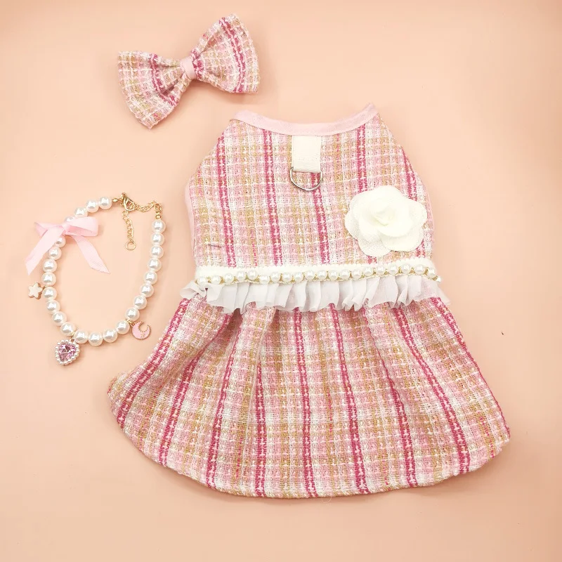 Vestido a rayas a cuadros para mascotas, falda para perros, abrigo para perros, falda para gatos, pajarita, vestidos para perros pequeños, Otoño e Invierno