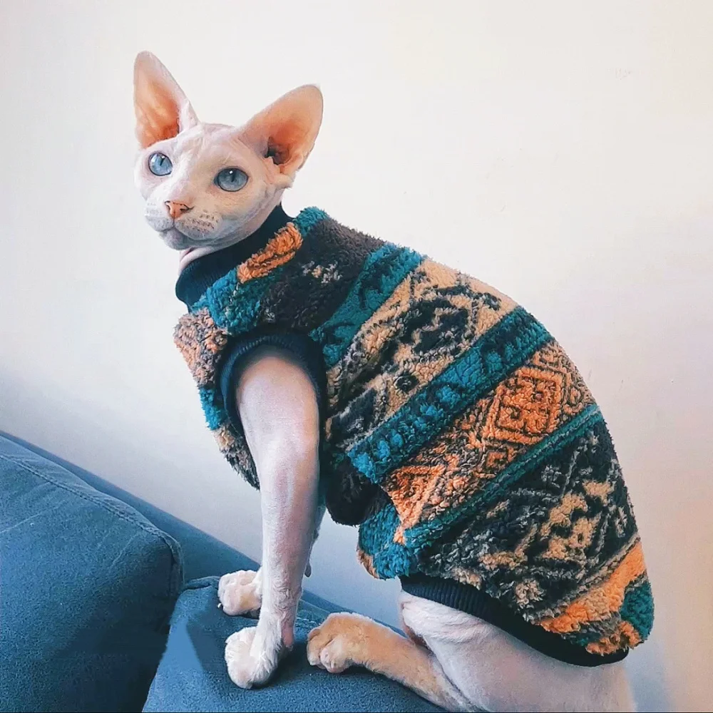 Suéter navideño para gato Sphynx, sudadera de lana colorida para gato sin pelo, pijamas gruesos de manga corta suaves de invierno para gatitos