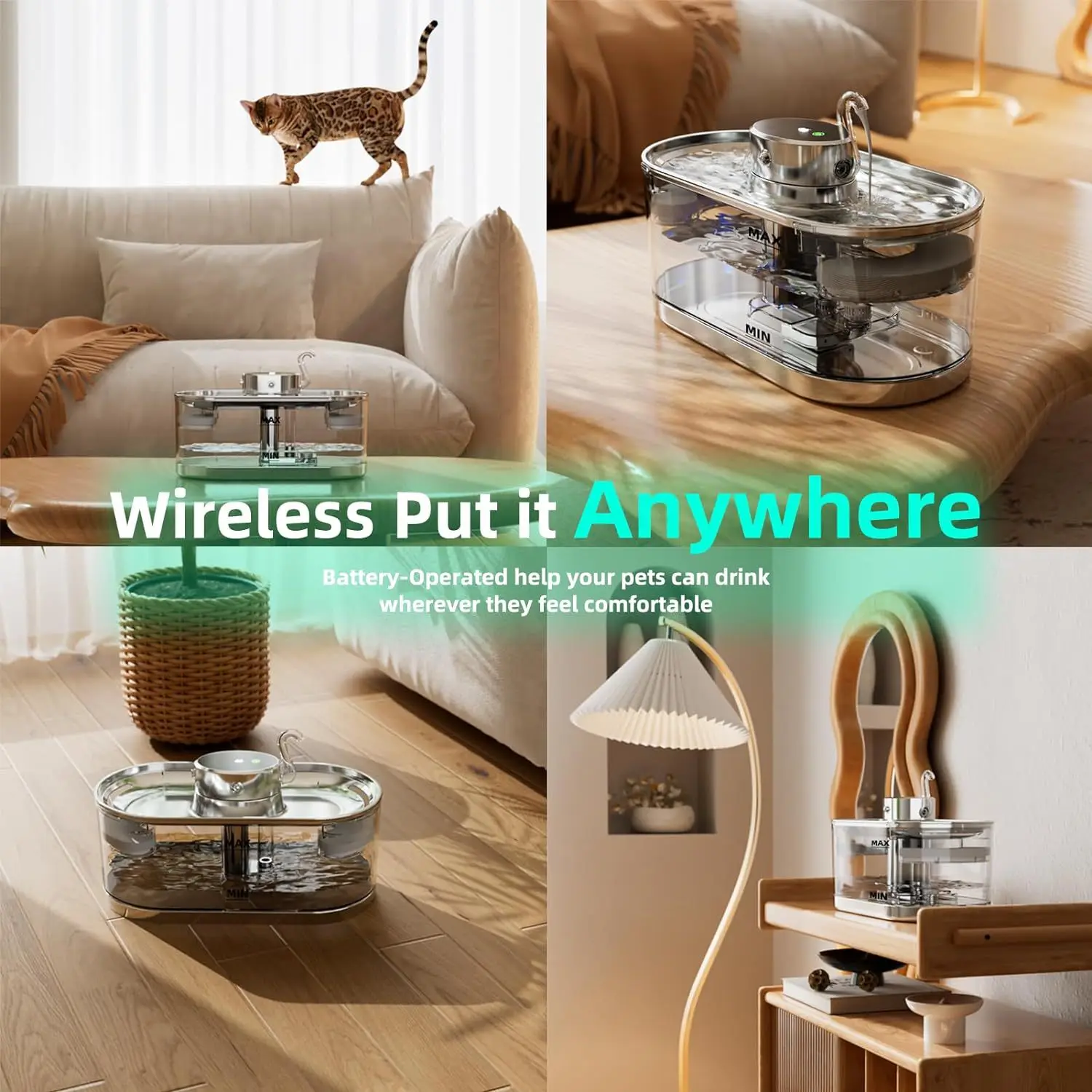 Fuente de agua para mascotas recargable con batería, fuente de agua para gatos de acero inoxidable para interiores con Sensor de movimiento, bomba ultra silenciosa - imagen 2