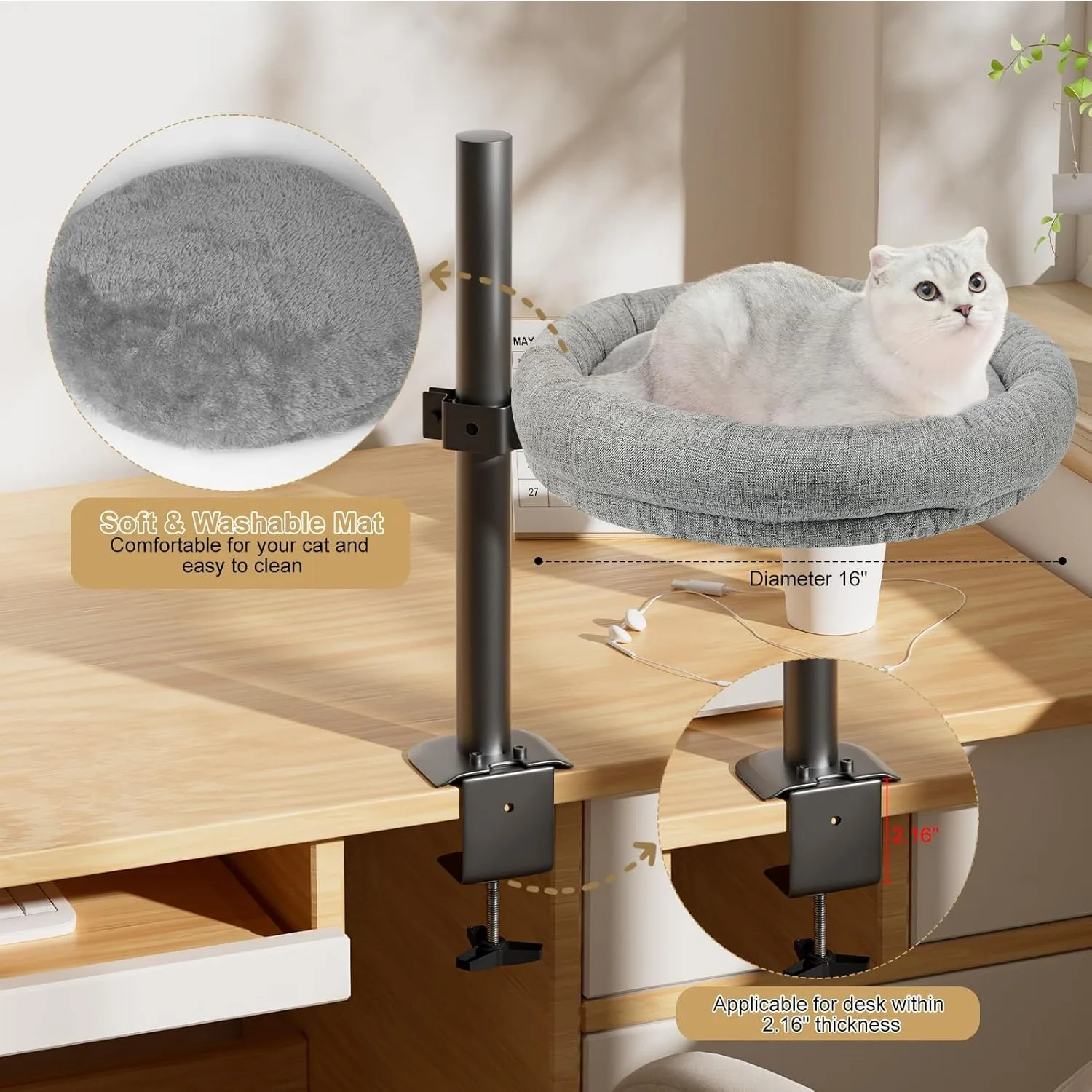 Cama escritorio giratoria 360° para gatos, altura ajustable - imagen 3