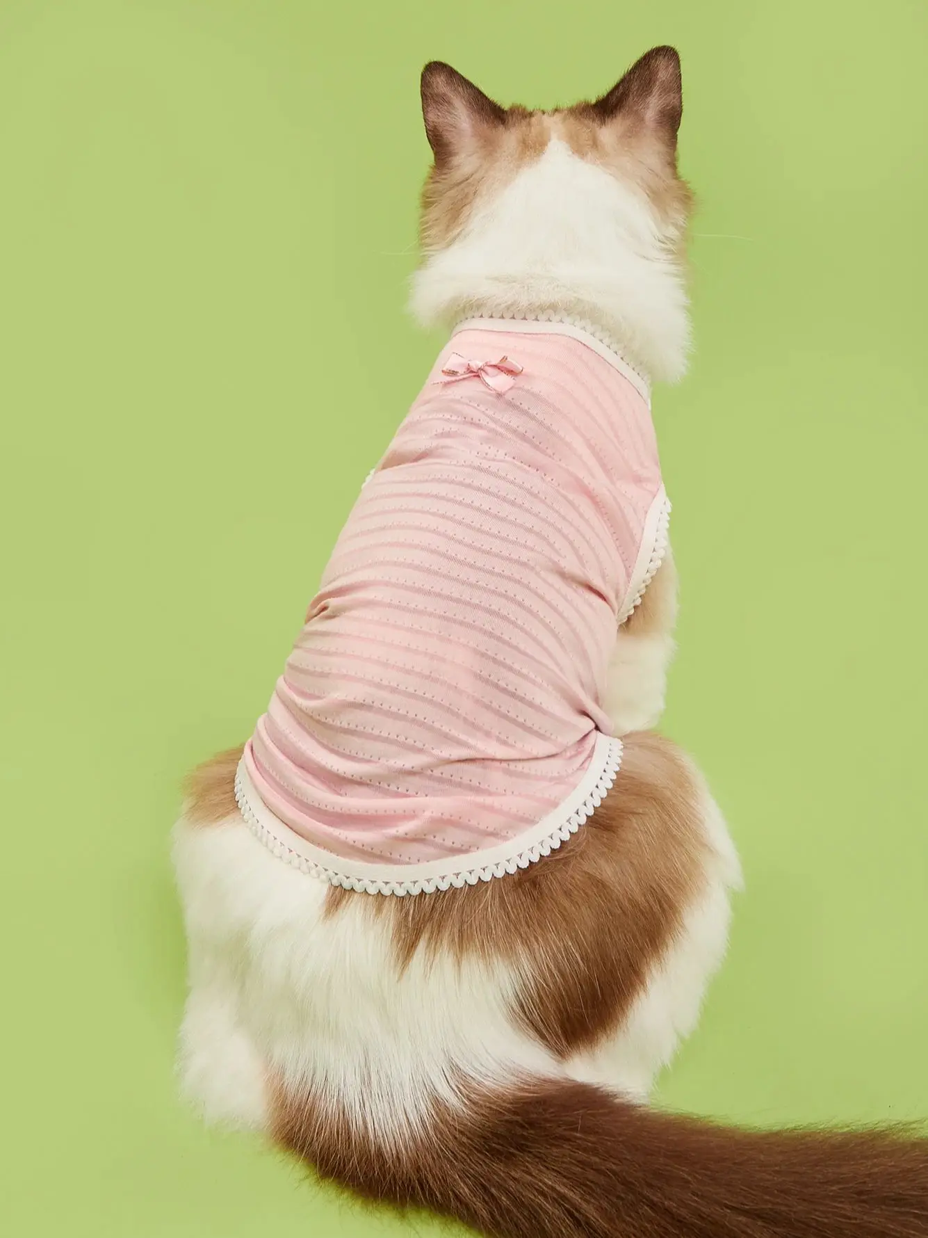 Chaleco para mascotas, estilos de rayas multicolores (blanco/rosa/azul), ribete de encaje y lazo de arena, tela transpirable perfecta para atuendos de verano