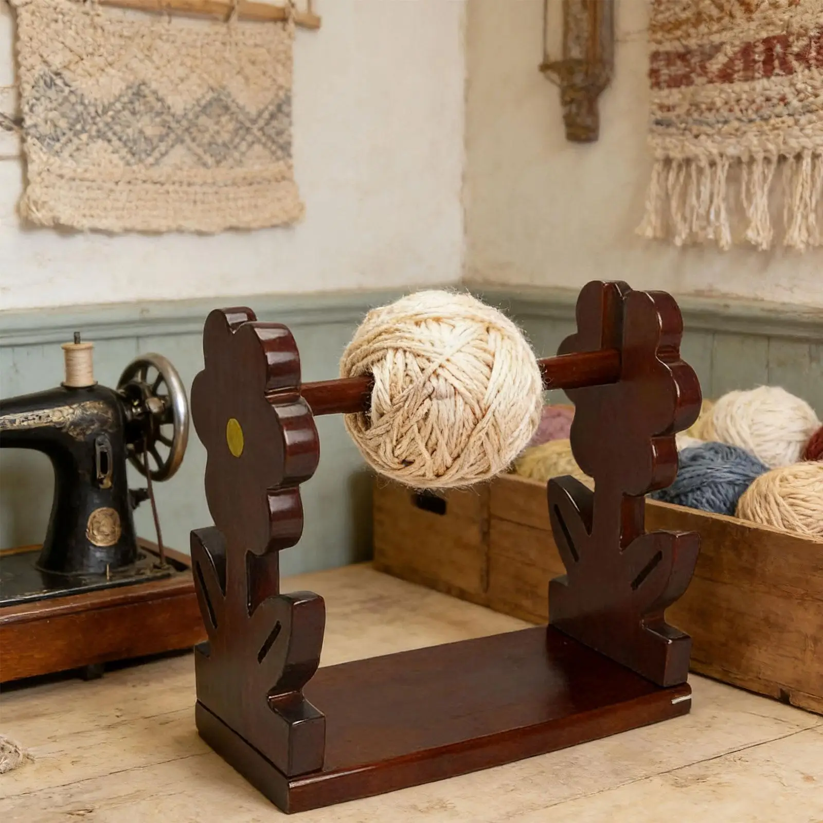 Soporte de hilo de madera inspirado en flores, organizador giratorio, accesorios de tejido de ganchillo para uso artesanal estacionario - imagen 3