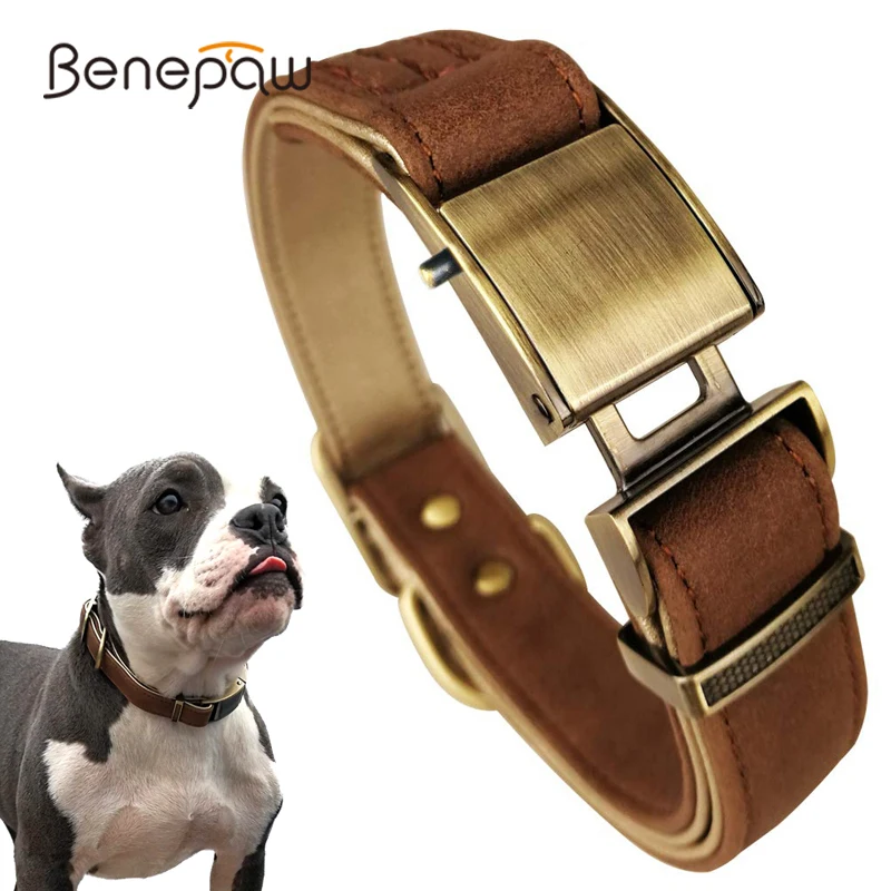 Benepaw collar piel auténtica perros pequeños medianos grandes lujo acolchado cómodo