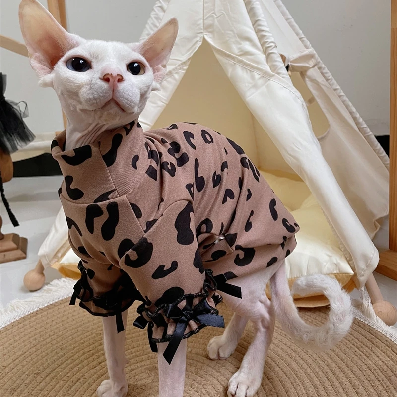 Chaqueta de café suave para gatos sfinx chaqueta de leopardo dulce de invierno y primavera chaqueta de encaje de algodón devenrex cachorro pijama térmico para gatos - imagen 3