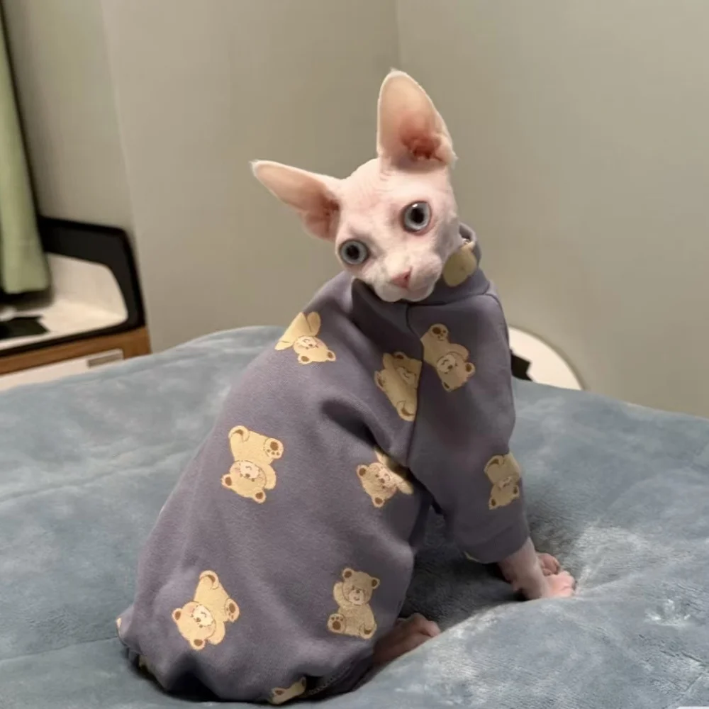 Camisa de algodón floral suave para bebé de manga larga de gato Sphynx Dibujos animados lindo oso loungewear para Devon Rex Abrigo de rayas azules en primavera - imagen 2