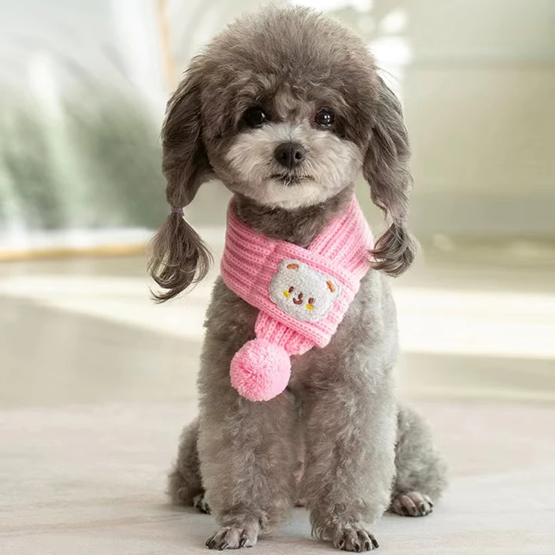 1 Uds. Bufanda tejida para perro, bufandas de punto cálidas para invierno con decoración de cuello de bola, accesorios para perros, pañuelo tejido, bufanda para cuello