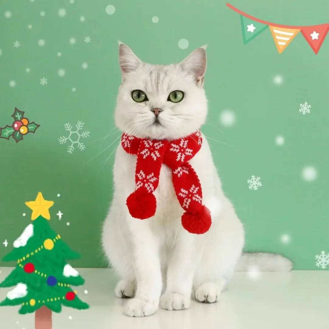 Bufanda de lana de conejo a cuadros de copo de nieve de punto para mascota, bufanda cálida de Navidad con babero de bola, accesorios para mascotas, regalo de Año Nuevo - imagen 2