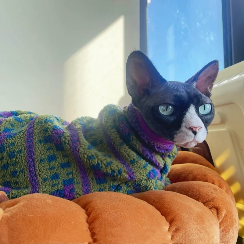 Sphyinx Cat Otoño e invierno Forro polar austriaco Chaqueta verde cálido Cárdigan con cremallera Ropa de gato Abrigo morado grueso para Devon Rex - imagen 5