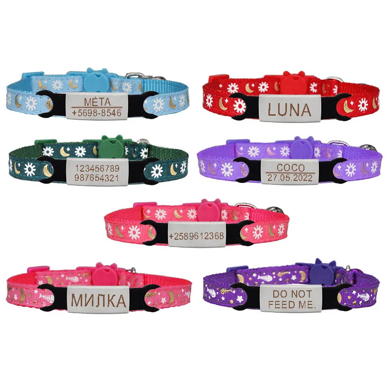 Collar para gato, etiqueta de identificación personalizada, hebilla de seguridad, grabado personalizado ajustable, Collar de nailon de acero inoxidable para cachorros y perros, Collar para gatitos - imagen 3