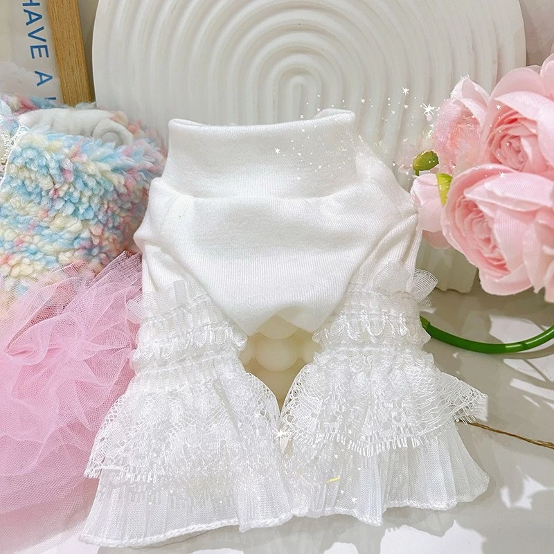 Camisa básica de cuello alto para mascotas, camiseta de otoño e invierno con mangas acampanadas de encaje, ropa para perros pequeños