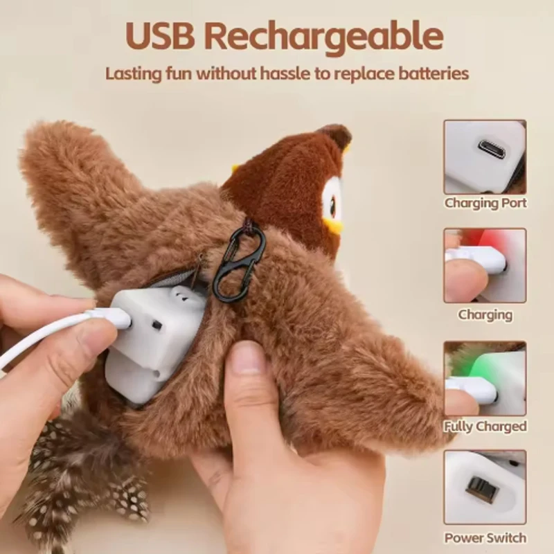 Juguete interactivo para gatos, pájaro batiente con hierba gatera, pájaro de simulación recargable, juguetes para gatos, juguetes de peluche esponjosos activados por tacto para gatos - imagen 5