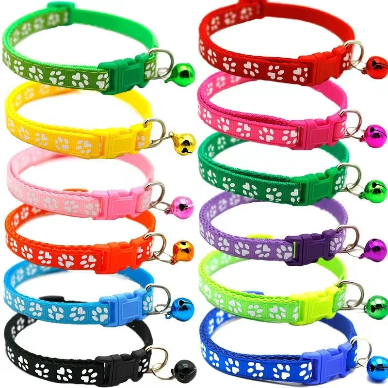 Collar para mascotas con campana, huella de dibujos animados, accesorios coloridos para perros, cachorros y gatos, Collar para gatitos, Collar con anillo de campana de seguridad ajustable para mascotas