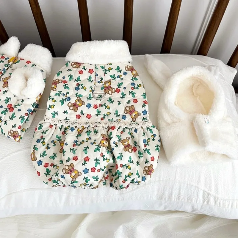 Abrigo Floral grueso de otoño e invierno para mascotas, oso de peluche, falda de capullo de flor para perros pequeños y gatos, ropa para perros pequeños, ropa para cachorros - imagen 5