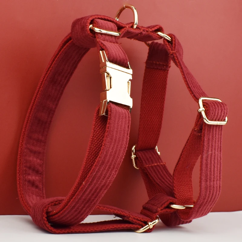 Juego de Collar y correa para perro de pana roja vino para perros, placa con nombre grabada personalizada, suministros para mascotas, correa para perro de pana 13 - imagen 2