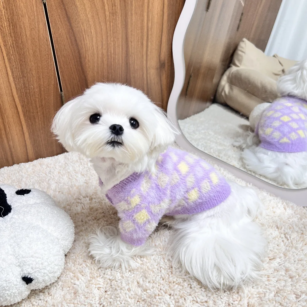 Suéter de punto a cuadros para perros, suéter de felpa de peluche, abrigo Schnauzer para gatos, ropa para cachorros pequeños, Otoño/Invierno - imagen 3