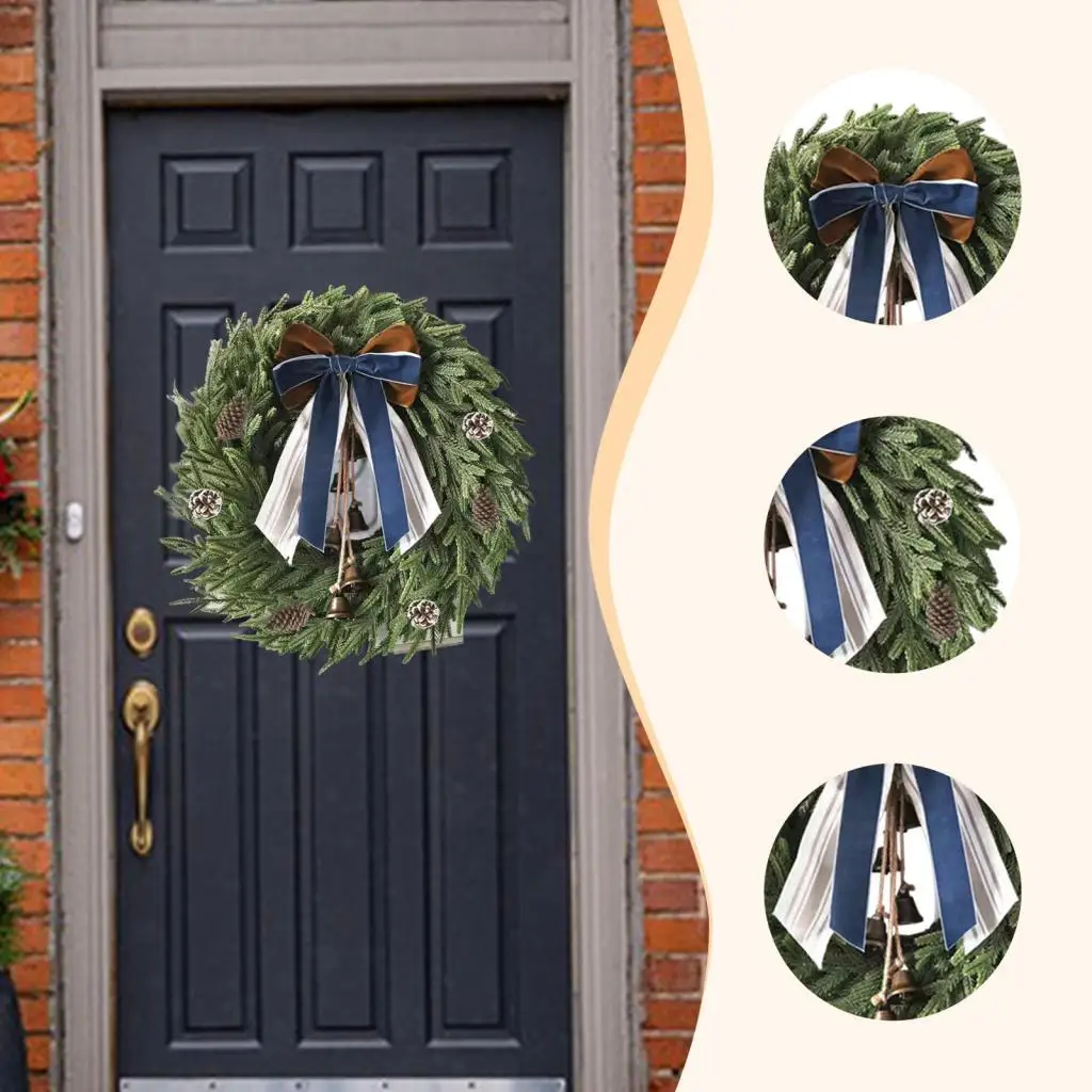 Corona navideña exterior de hojas verdes, corona navideña rústica de granja, decoración de guirnalda navideña, corona de puerta delantera para pared de balcón - imagen 5