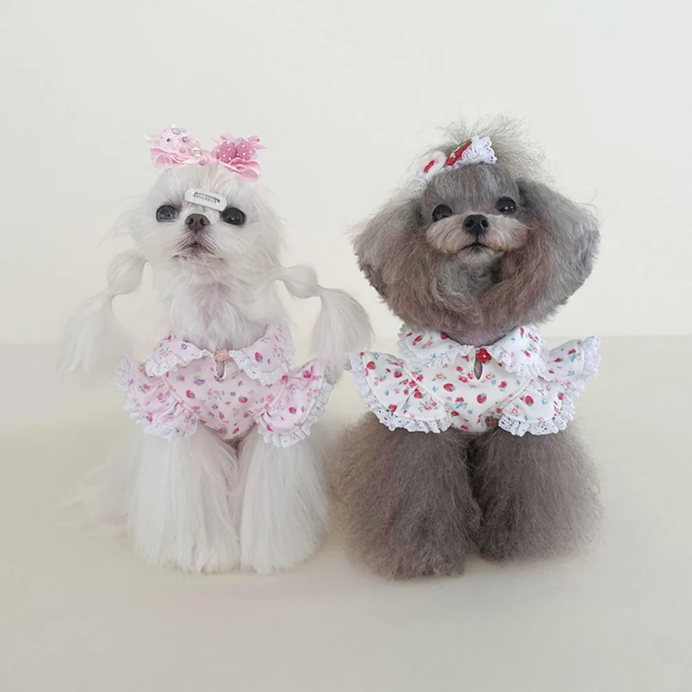 Top de manga voladora de encaje Floral para mascotas, falda de princesa con Base de manga voladora de encaje Floral de fresa para primavera y otoño, ropa para cachorros - imagen 2