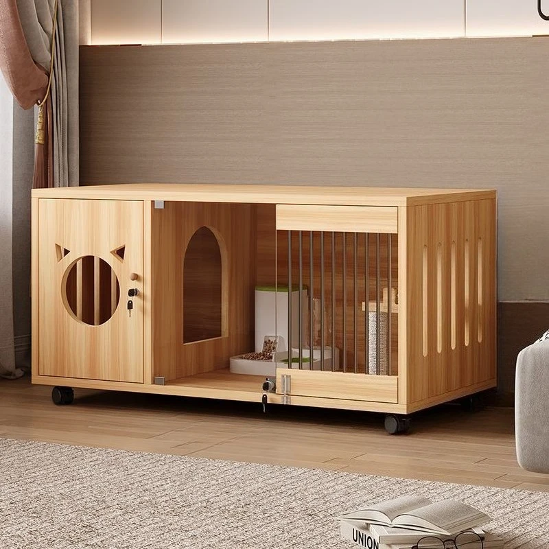 Casa para gatos de madera maciza, casa transparente para interiores, jaula grande para gatos y gatitos con ruedas de freno, cama transpirable para perros y gatitos