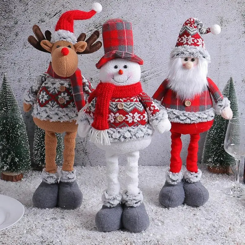 Muñecos de renos de Navidad, animales de peluche, adorno telescópico, hecho a mano larga muñeco de nieve de pierna, muñeco de Papá Noel, sombrero superior - imagen 2