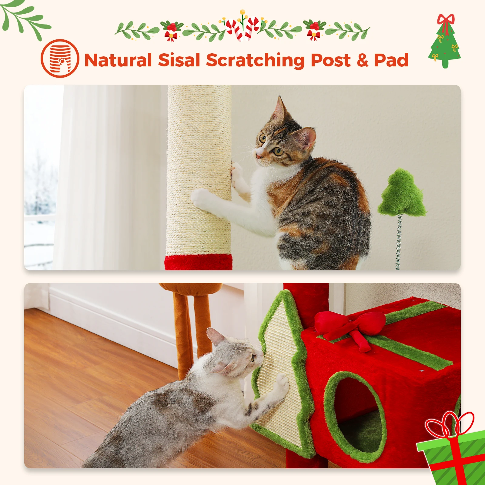 Árbol para gatos de Navidad de piso a techo de 231-274CM, torre para gatos del Festival de Navidad con condo rojo, poste para rascar cubierto de Sal para gatos - imagen 5