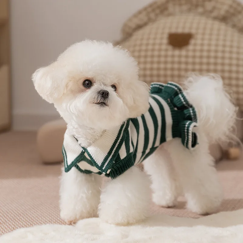 Pet Autumn/Winter Striped Knitted Princess Dress Flower Sweater Dress Pet Coat Dog Clothes for Small Dogs Puppy Clothes - imagen 4