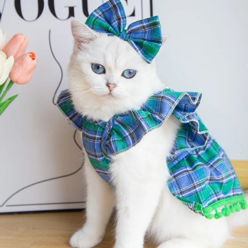 Vestido de Navidad para mascotas, ropa con lazo a cuadros para perros pequeños y cachorros, Otoño e Invierno - imagen 3