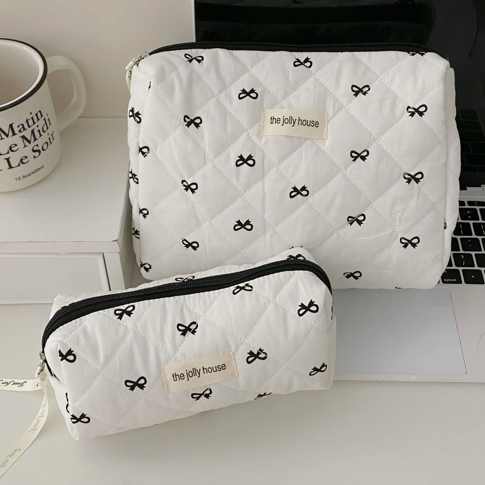 Bolso de cereza a la moda para mujer, bolsa de maquillaje portátil, bonita bolsa de almacenamiento de artículos de tocador y cosméticos, bolso de mano acolchado de algodón con cremallera - imagen 4