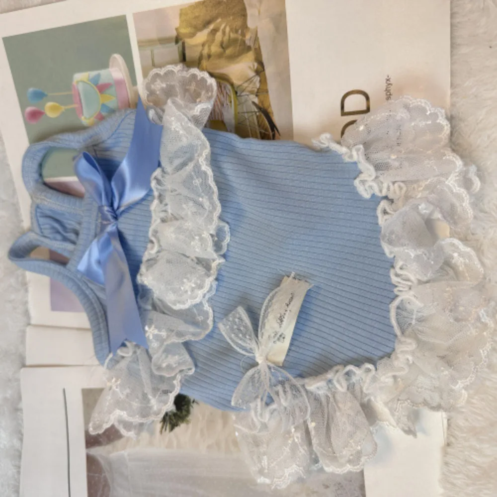 Vestido de tirantes de encaje para mascotas, chaleco fino y fresco con lazo, ropa para perros pequeños, Teddy, Gato, cachorro, vestidos para perros pequeños