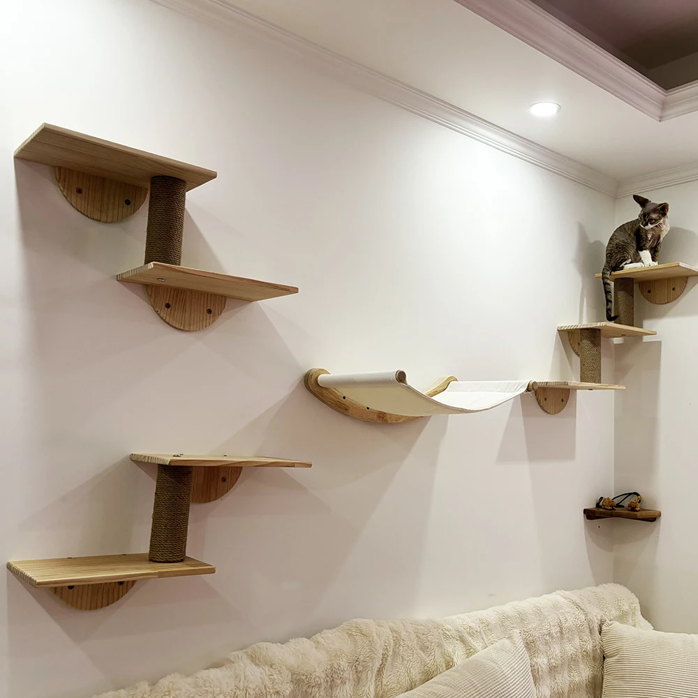 Hamaca para gatos con estructura de escalada para gatos montada en la pared con escaleras y plataforma de salto para rascar gatos para gatitos para jugar y percar - imagen 2