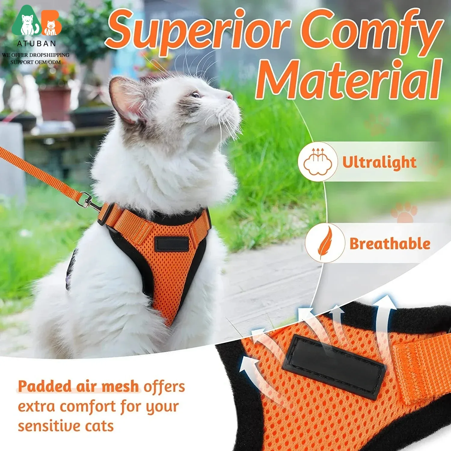 ATUBAN Arnés y correa para gatos para caminar, arneses de chaleco ajustables suaves a prueba de escape para gatos, chaqueta de tiras reflectantes transpirables - imagen 4