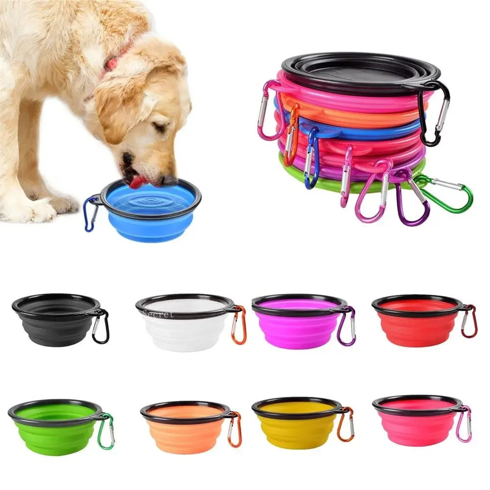 Cuencos plegables de silicona para comida de perros, cuencos de agua para acampar al aire libre, viajes, suministros plegables portátiles, platos con mosquetón - imagen 2