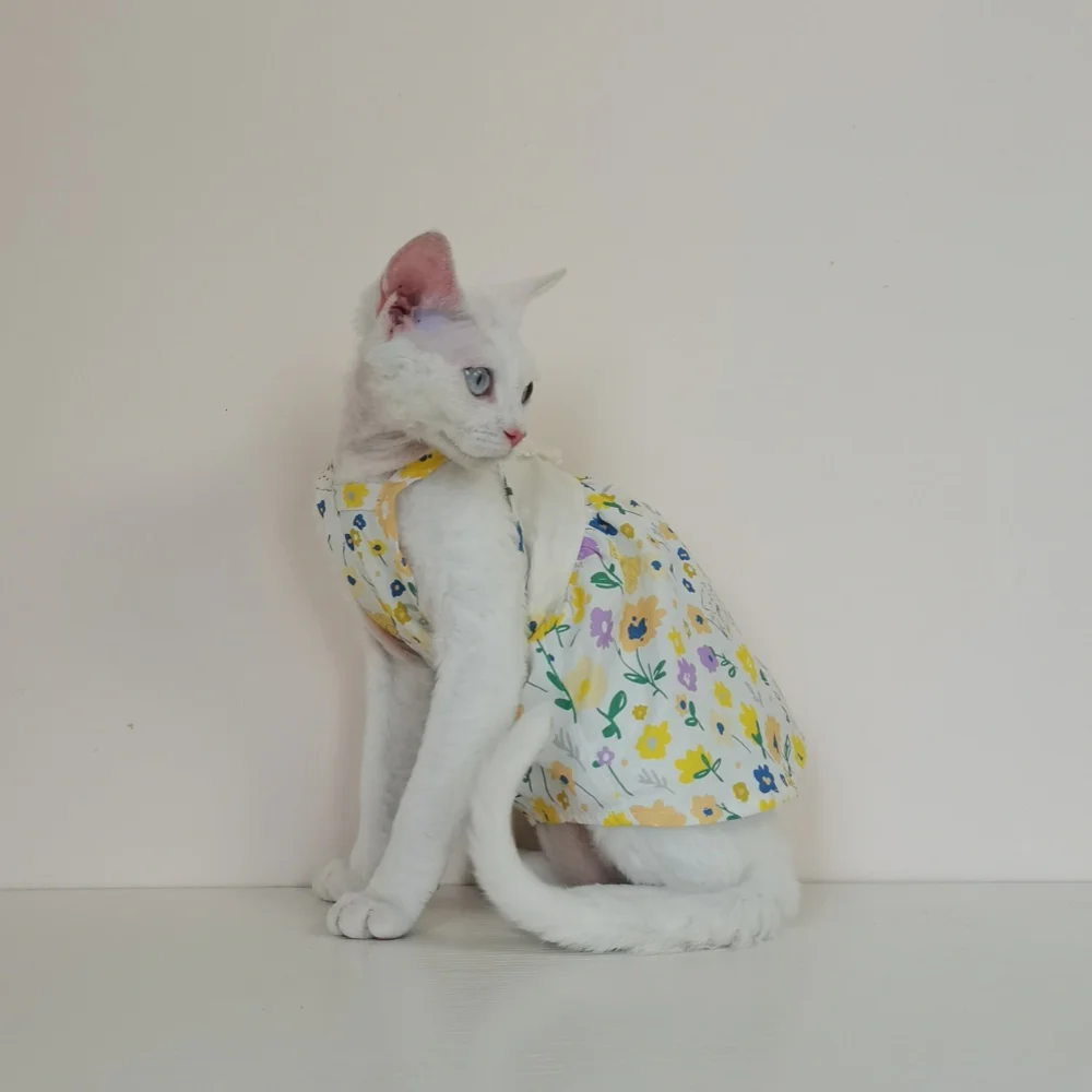 Falda de algodón floral delgada para gato Sphynx en amarillo verano, vestido dulce sin mangas para gata en primavera, camiseta sin mangas para gatitos - imagen 4