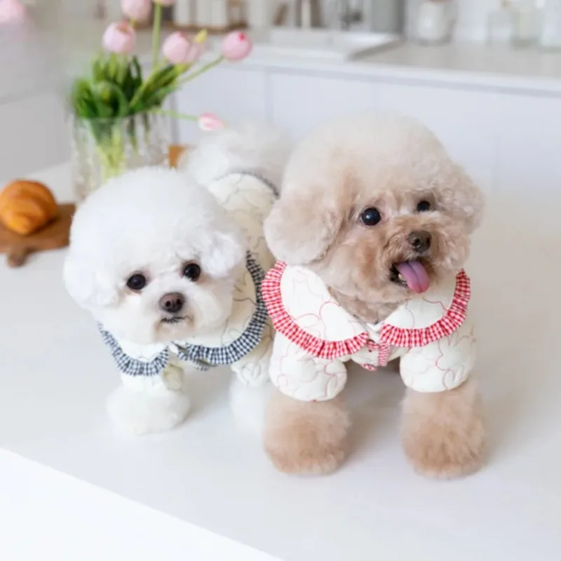 Abrigo de algodón para perro conejo, Parkas bordadas cálidas para invierno, chaquetas con solapa a cuadros, abrigo cálido, ropa para cachorros, ropa para mascotas, oso de peluche - imagen 2