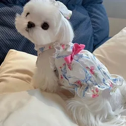 Ropa para perro con tirantes florales azules, Falda corta de princesa para mujer, lazo de calabaza, falda de tirantes de dos pies, vestidos para cachorros medianos de peluche, Verano