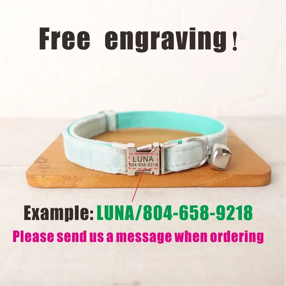 Collar de gato personalizado con grabado gratuito, correa para mascotas a juego, hebilla de Metal de contactos personalizados, Collar para mascotas de terciopelo verde lago - imagen 4