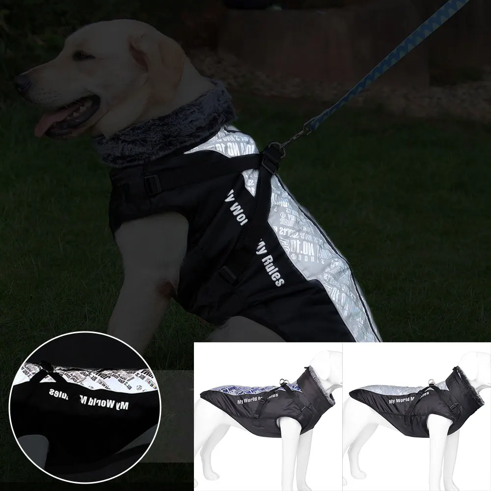 Chaqueta cálida de invierno para perros, abrigo reflectante impermeable a prueba de viento para exteriores, Cuello de piel, ropa para mascotas, suministros para perros medianos y grandes - imagen 2
