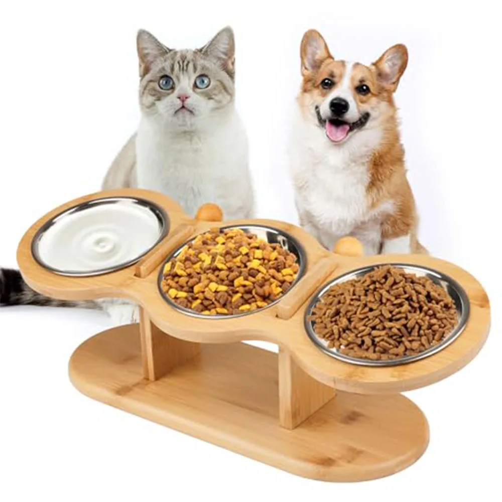 Comedero elevado para perros y gatos con base de madera antiobstrucción con 3 tazones de acero inoxidable, comodidad, fácil limpieza, ideal para mascotas pequeñas