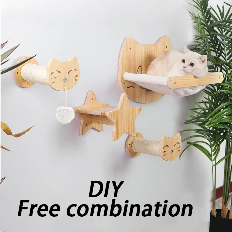 Torre de madera de pino para gatos, poste rascador montado en la pared, hamaca de Sisal para gatos, juguetes interactivos, marco de escalada en pared, muebles, suministros para mascotas - imagen 2